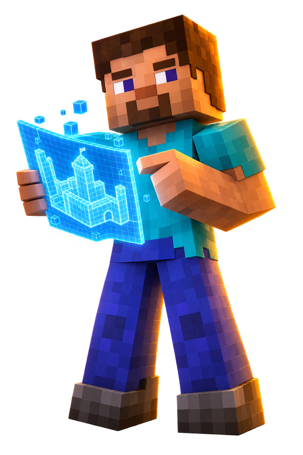 Block adventurer holding a glowing build blueprint